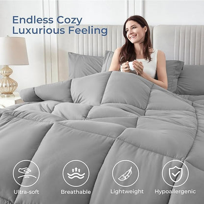 Sasttie King Size Comforter Set, 7 Pieces Bed in a Bag King, Complete Bedding Set Includes Comforter, Flat Sheet, Fitted Sheet, Pillowcases and Pillow Shams, Light Grey