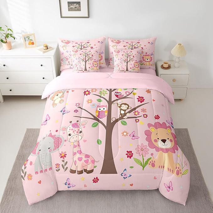 Erosebridal Kids Cute Animal 7 Piece Bedding Set Queen Size,Butterflies Trees Bed in a Bag,Love Hearts Bed Set Includes Comforter, Sheet Set, Pillowcases & Pillow Covers All Season Bedroom Decor