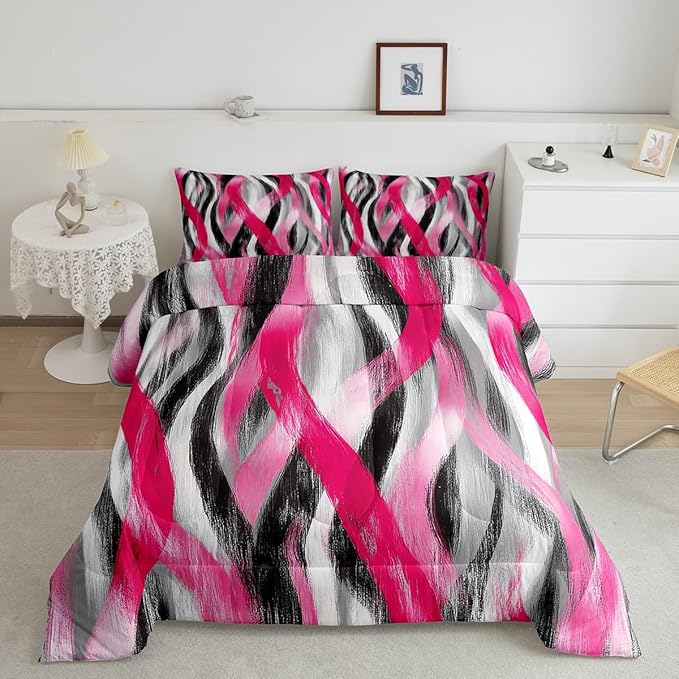 Erosebridal Geometric Stripes Comforter Full Modern Abstract Comforter Set Grey Black Hot Pink Bedding Set for Kids Girls Teen Women Swirl Lines Quilt Duvet Room Decor 3 Pcs
