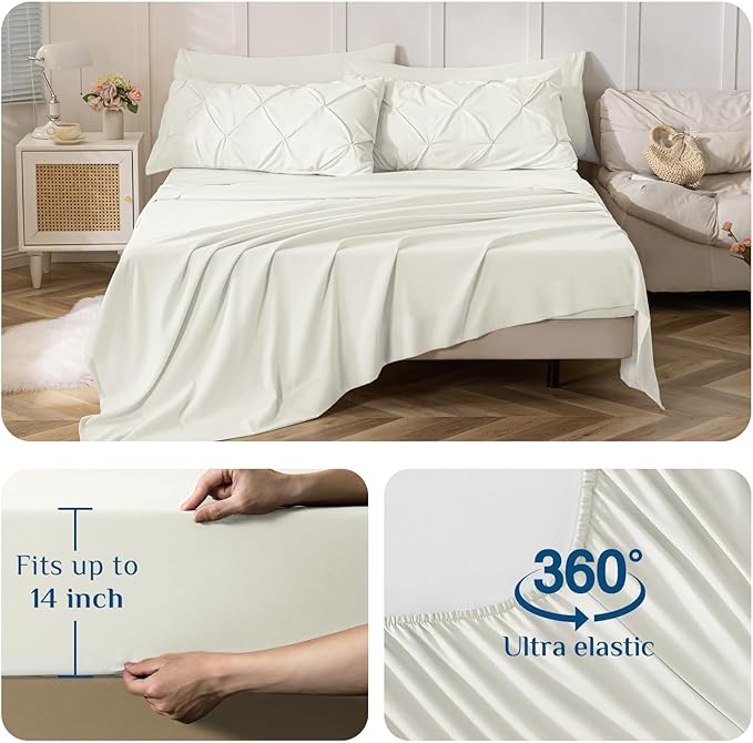 JOLLYVOGUE California King Comforter Set 7 Pieces - Bed in a Bag Cal King for All Season, Pintuck Bedding Comforter Sets with Comforter, Flat Sheet, Fitted Sheet and Pillowcases & Shams, Ivory