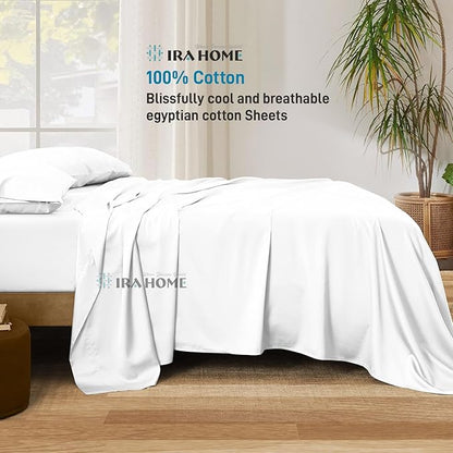 100% Egyptian Cotton King Size Bed Sheets, 600 Thread Count Luxury Bedding, Long Staple Cotton, 4 Piece Set - 1 Fitted Sheet, 1 Flat Sheet & 2 Pillowcases, Fits Upto 16" Mattress - White