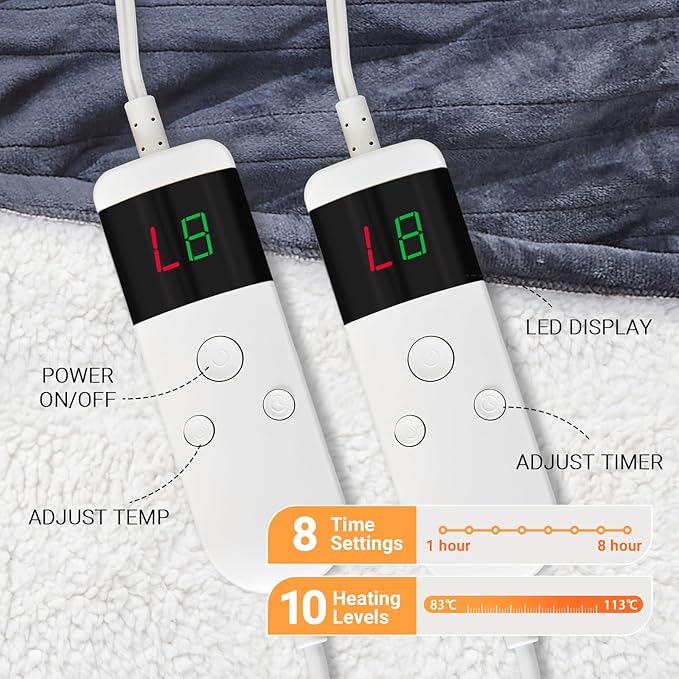 Electric Heated Blanket Full Size 72''x84'' Soft Flannel & Sherpa Electric Blanket with 10 Heating Levels, Automatically Shut Down After 8h with Overheat Protection Machine Washable