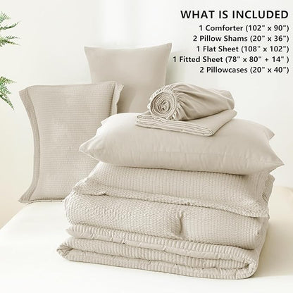 CozyLux King Size Comforter Set Beige - 7 Pieces Striped Seersucker Bed in a Bag, Soft Lightweight Boho Bedding Set with All Season Comforters King Size, Sheets, Pillowcases & Shams