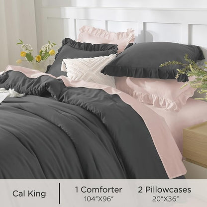 Andency California King Comforter Set Dark Gray (104x96Inch), 3 Pieces Cal King Ruffle Comforter, Oversized Farmhouse Shabby Chic Bed Comforter, Lighteweight and Soft Microfiber Bedding Set
