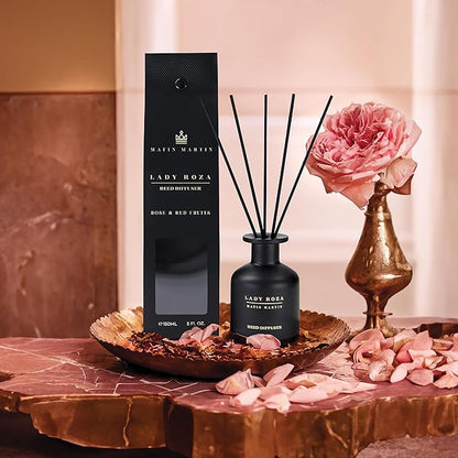 Matin Martin Lady Roza Reed Diffuser 5 oz - Luxury Aromatherapy with Rose & Red Fruits - Home Decor Gift for Bedroom, Office, Living Room, Bathroom - Long Lasting Scent with Premium Fragrance Sticks