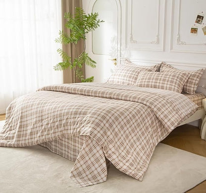 SDY 7PCS Brown Plaid Bedding Set Twin Size, Super Soft Microfiber Gingham Comforter and Sheet Set with 1*Comforter,1* Flat Sheet, 1*Fitted Sheet,2*Pillowcases and 2*PillowcaseShams