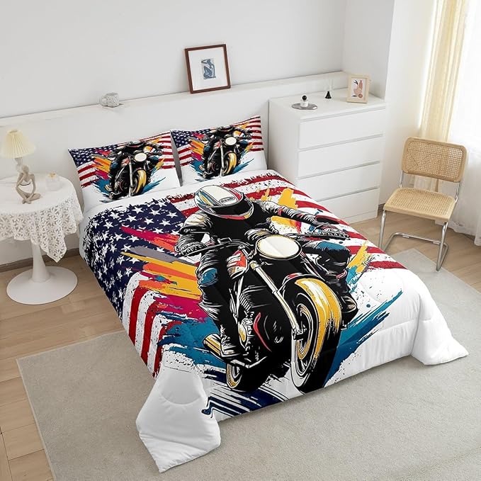 Feelyou Dirt Bike Comforter Set King Size American Flag Comforter Extreme Sports Bedding Set Racing Motocross Rider Duvet Set Room Decor White Quilt Set