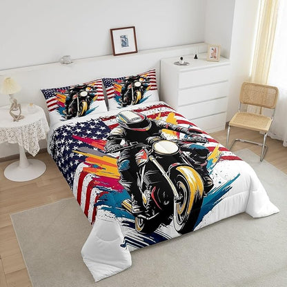 Feelyou Dirt Bike Comforter Set Toddler Size American Flag Comforter Extreme Sports Bedding Set Racing Motocross Rider Duvet Set Room Decor White Quilt Set