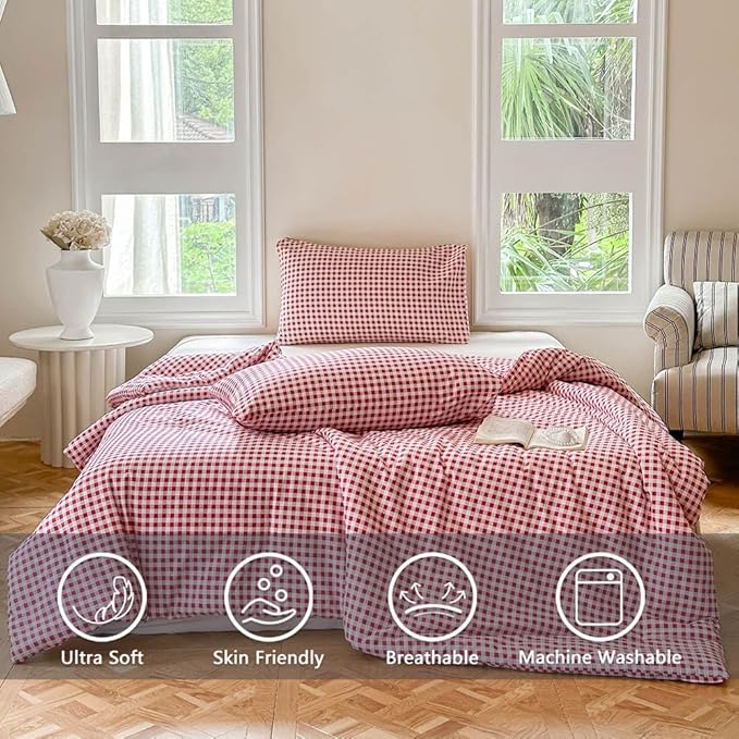 NSNLGSGC Red Gingham Cotton Comforter Set King, 100% Washed Cotton Red Plaid Checked Comforter Bedding, 3 Pieces Vintage Farmhouse Grid Bedding Set(Red Gingham, King)