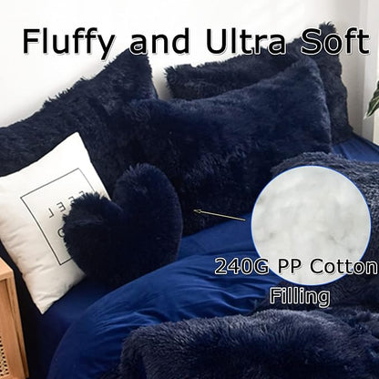 MorroMorn Fluffy Heart Throw Pillows, Shaggy Decorative Pillow for Sofa Couch Bed, Cute Room Decor Decorations for Women Girls Kids (Navy)