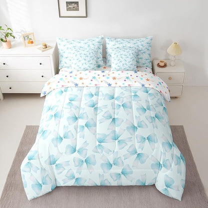 Feelyou Blue Bow Comforter Set with Sheets Twin Size Kids Bowknot 7 Pieces Bedding Set for Boys Girls Teens Gift for Girls Women Bed in a Bag Breathable Princess Décor Bed Set
