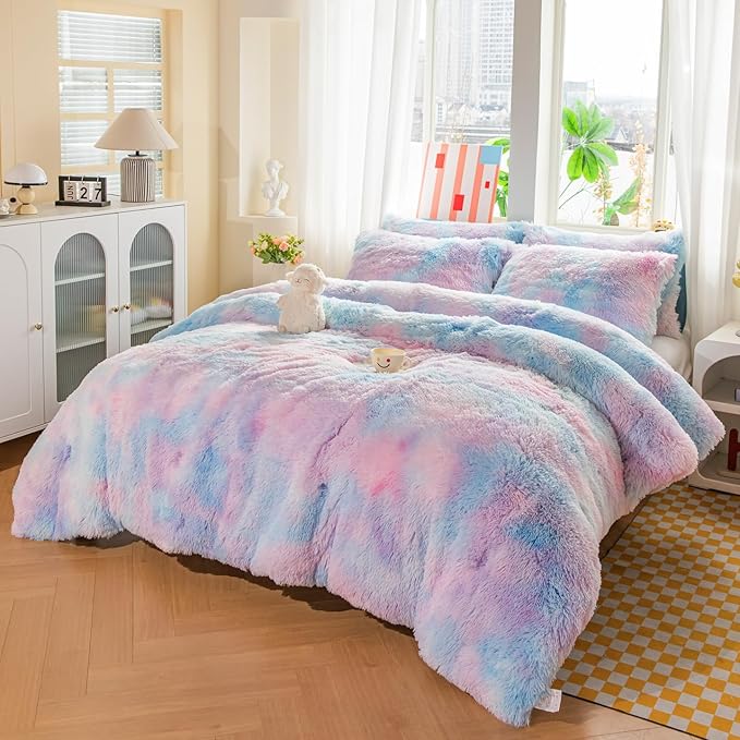 chovy Faux Fur Plush Tie-Dyed Blue Comforter Sets Twin/Full Size - Ultra Soft Shaggy Flannel Velvet Fluffy Fuzzy 3PC Bedding Set （Comforter x 1 Pillowcases x 2）