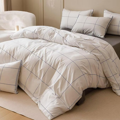 Cottonight White Blue Grid Comforter Set Queen Plaid Bedding Comforter Set Women Men Queen Size Checkered Blanket Quilts 3 Piece Soft Modern Breathable Bedding Set Queen Bed