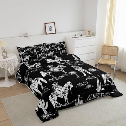 Feelyou Black Western Bedding Set King Size Horse Cowboy Comforter Set for Kids Boys Girls Decor Rustic Decor Wild Western Cowboy Comforter Tribal Duvet Quilt