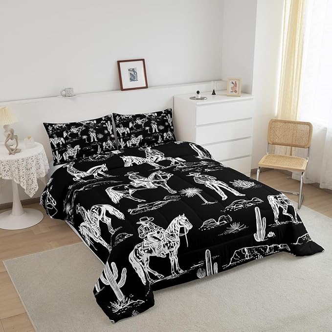 Feelyou Black Western Bedding Set Toddler Size Horse Cowboy Comforter Set for Kids Boys Girls Decor Rustic Decor Wild Western Cowboy Comforter Tribal Duvet Quilt