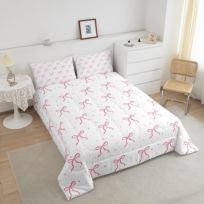 Erosebridal Girls Pink Bowknot Bedding Set Queen Size, Girly Bows Cartoon Comforter Set for Kids Teens Women Bedroom, Dreamy Princess Down Comforter, Princess Galaxy Stars Quilt with 2 Pillowcases