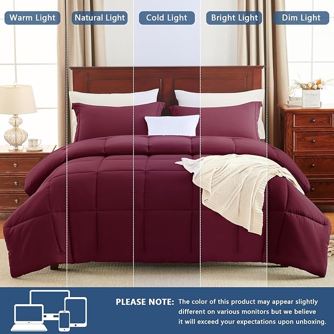 CozyLux Queen Comforter Set - Burgundy Comforters Queen Size, 3 Pieces Box Stitched Bed Set for All Seasons, Soft Lightweight Bedding Sets with 1 Down Alternative Comforter and 2 Pillow Shams