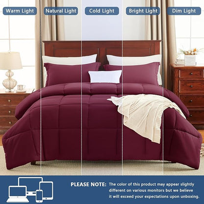 CozyLux Queen Comforter Set - Burgundy Comforters Queen Size, 3 Pieces Box Stitched Bed Set for All Seasons, Soft Lightweight Bedding Sets with 1 Down Alternative Comforter and 2 Pillow Shams
