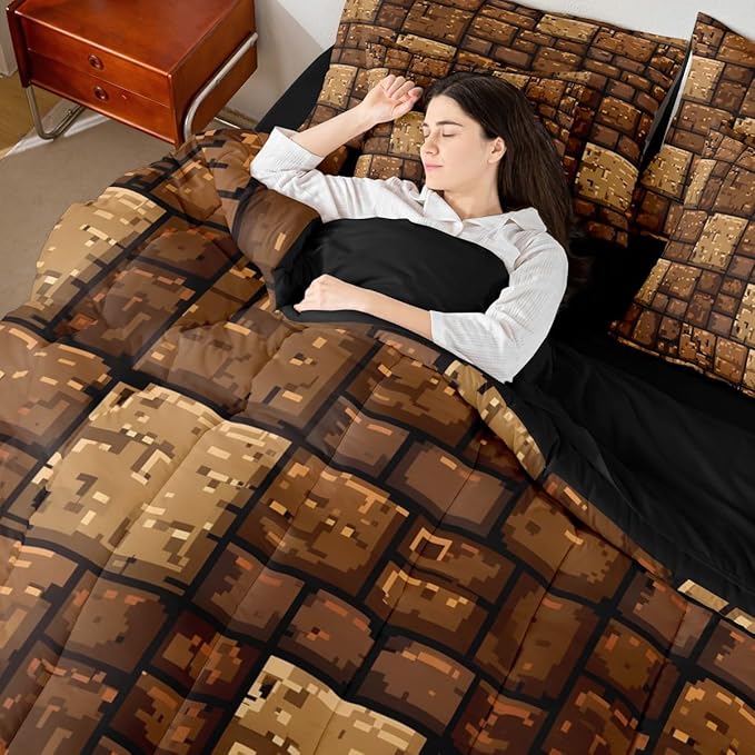 Castle Fairy Brown Stone Wall 7 Piece Bedding Set Queen Size,Pixel Style Comforter & Sheet Sets Splicing Grid Block Bed in a Bag Video Games Flat & Fitted Sheets,4 Pillow Covers