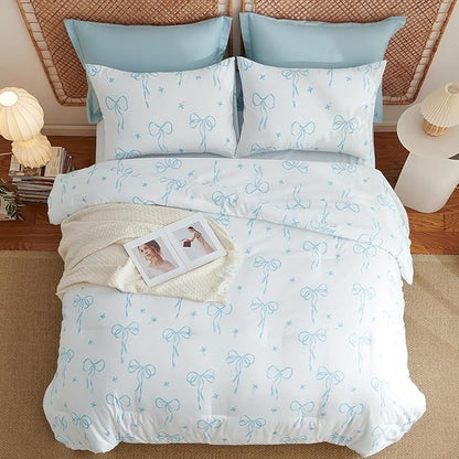 Queen Comforter Set White - Blue Bow Comforter Set Queen Size, Quilt Bedding Set 3 Pieces, Soft Lightweight Comforter(90‘’ x 90‘’) for Girl All Season & 2 Pillow Cases(30‘’x20‘’)