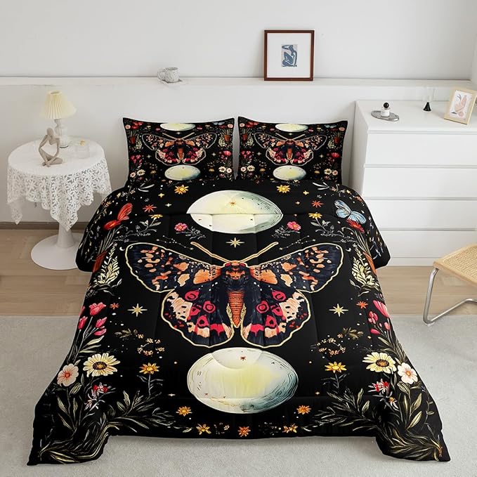 Erosebridal Adults Death Moth Queen Comforter Set, Gothic Moth Bedding Set Moon and Star Black Comforter for Kids Boys Girls Women Men Bedroom Decor, Boho Exotic Vintage Floral Butterfly Quilt