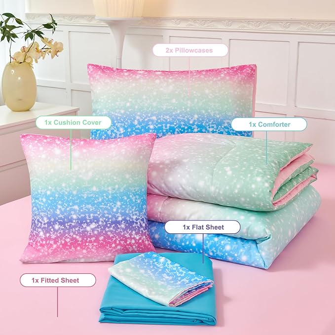 PERFEMET Rainbow Queen Comforter Set with Sheets, 6 Pieces Blue Green Bedding Sets for Girls, Tie Dye Ombre Bed Set for Bedroom Decoration, Lightweight All Season Bed in A Bag
