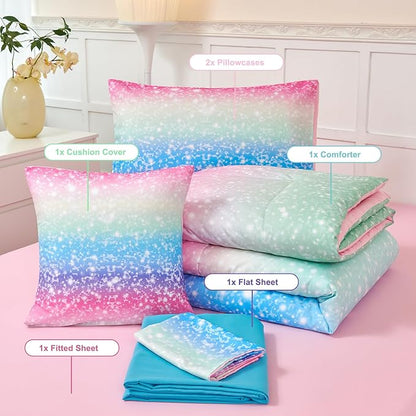 PERFEMET Rainbow Queen Comforter Set with Sheets, 6 Pieces Blue Green Bedding Sets for Girls, Tie Dye Ombre Bed Set for Bedroom Decoration, Lightweight All Season Bed in A Bag