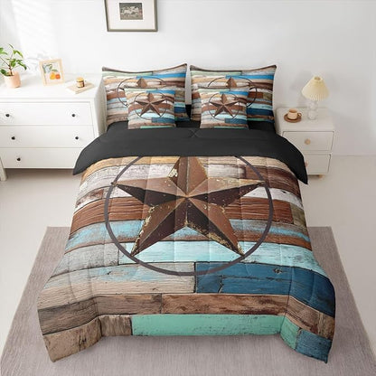 Erosebridal Texas Star 7 Piece Comforter Set Queen Bed in A Bag Retro Western Bedding Set for Kids Boys Girls Southwest Wooden Board Quilt Country Cabin Lodge Decor Sheet Set with Comforter