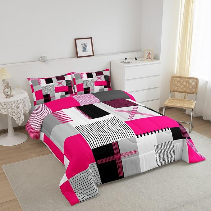 Erosebridal Hot Pink Grey Comforter Set King Black White Abstract Bedding Set for Kids Girls Teen Women Geometric Square Quilt Grids Checkered Duvet Insert Modern Fashion Room Decor 3 Pcs