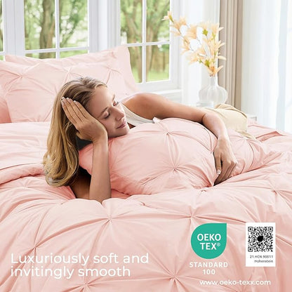 Sasttie Twin XL Comforter Set, 5-Piece Bed in a Bag, Pintuck Bedding Sets for All Season, Includes Comforter, Flat Sheet, Fitted Sheet, Pillowcase and Pillowsham, Blush Pink