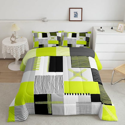Erosebridal Lime Green Grey Comforter Set Full Black White Abstract Bedding Set for Kids Boys Teen Men Geometric Square Quilt Grids Checkered Duvet Insert Modern Fashion Room Decor 3 Pcs