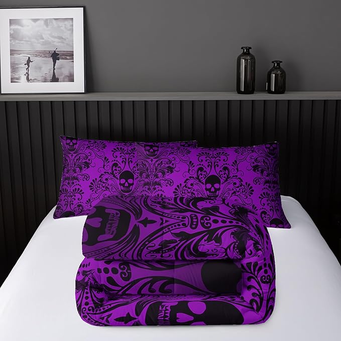 Adults Violet Gothic Comforter Set Full Size,Vintage Damask Floral Bedding Set 3Pcs,Bohemia Bedding Set Goth Skull Printed Quilted Set for Teens Adult with 1 Comforter and 2 Pillowcase