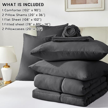 Anluoer King Size Bed in a Bag 7 Pieces, Dark Grey Bed Comforter Set with Sheets, All Season Bedding Sets with 1 Comforter,2 Pillow Shams,2 Pillowcases, 1 Flat Sheet, 1 Fitted Sheet