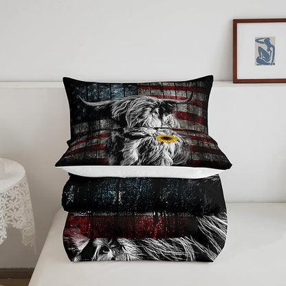 Feelyou Highland Cattle Bedding Set Sunflower Highland Cow Comforter Set for Kids Boys Girls America Flag Bull Comforter Animal Quilt Set 1 Comforter Set with 2 Pillowcases King Size