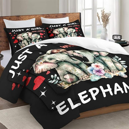 Full Size Comforter Set with 2 Pillowcases, Cute Animal Elephant 3 Pcs Bedding for Kids and Adults, Funny Watercolor Flower Soft Comforter Set for Bedroom Bed Decor