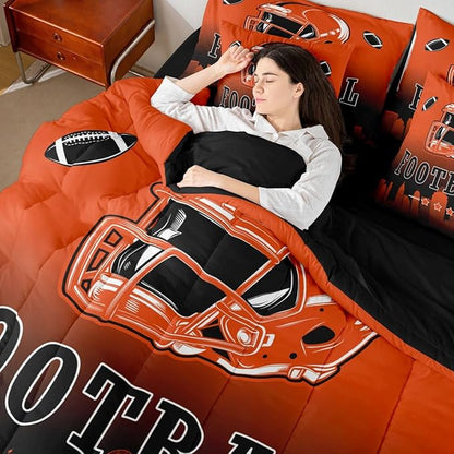 Erosebridal Football Comforter Set with Sheets Twin American Rugby 7 Piece Bedding Set for Boys Girls,Football City Bed in A Bag Orange Black Ombre Bed Set for Kids Teen Adults
