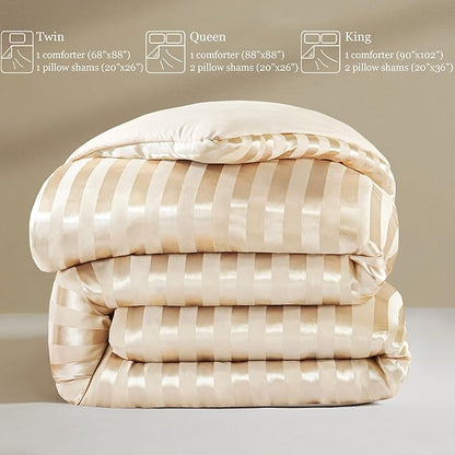 Whale Flotilla 2-Piece Reversible Silky Soft Twin Size Comforter Set, Luxury Stripe Satin Comforter Bedding Set with Satin Pillowcase, Lightweight Duvet for All Seasons, Champagne