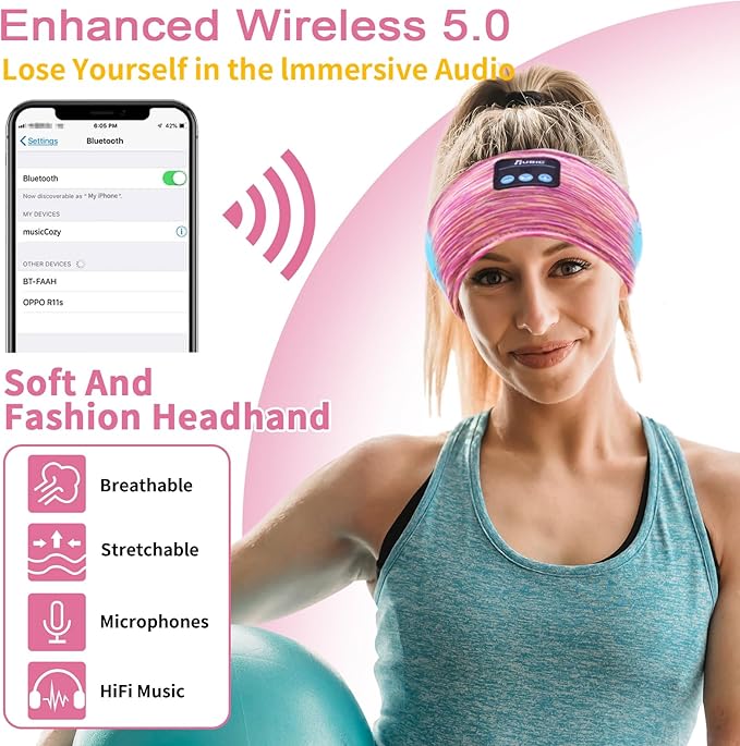 Bluetooth Headphones, Sleep Headphones Headband Wireless for Sleeping Side Sleepers - Adjustable Sleep Headphone, and Bluetooth Headbands for Women (Pink)