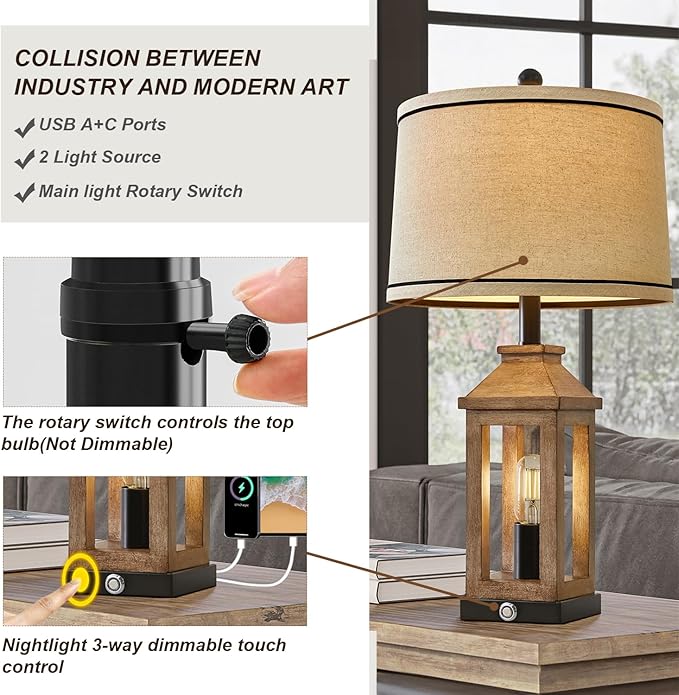 23.75" Farmhouse Dual USB Charging Ports 3-Way Dimmable Touch Control Table Lamp with Nightlight Vintage Modern Lamps for Living Room Bedroom