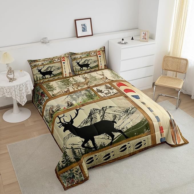 Farmhouse Lake House Decor Comforter Set Queen, Rustic Hunting Deer Bedding for Kids Boys Girls Teens, Retro Wild Animals Down Comforter, Woodland Pine Tree Paddle Plaid Decor Quilted Duvet, 3Pcs
