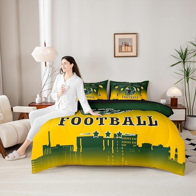 Erosebridal Football Twin Boys 7 Piece Bedding Set American Soccer City Comforter Set with Sheets Rugby Sports Games Bed in A Bag for Kids Teen Adults,Green Yellow Soft Warm Bed Set