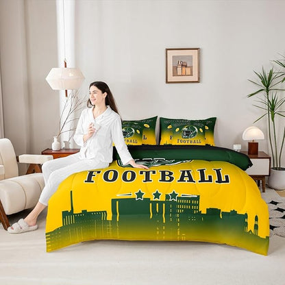Erosebridal Football King Boys 7 Piece Bedding Set American Soccer City Comforter Set with Sheets Rugby Sports Games Bed in A Bag for Kids Teen Adults,Green Yellow Soft Warm Bed Set