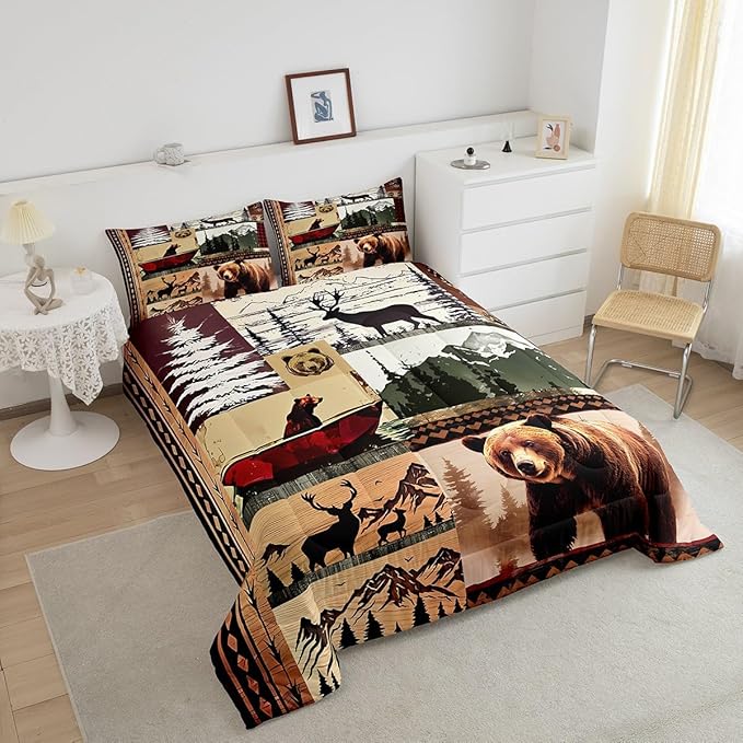 Feelyou Bear Bedding Set Farmhouse Wild Animals Comforter Set for Kids Boys Girls Cute Elk Print Comforter Western Cabin Patchwork Quilt Set Bedroom Collection 3Pcs King Size