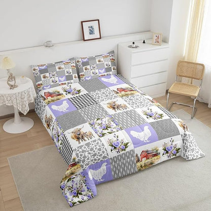 Highland Cattle Comforter Set Twin Size,Milk Cow Print Chicken Farmhouse Animal Bedding Set for Kids Boys Men,Purple Bohemian Grid Geometric Quilted Duvet Set with 1 Pillowcase