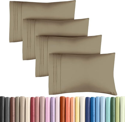 Queen Pillow Cases Set of 4 - Ultra Soft Hotel Quality Pillowcase Covers - Comfy, Cozy & Wrinkle Free - Shrinkage, Stain and Fade Resistant - Machine Washable Pillow Protectors - 4 Piece Set - Khaki