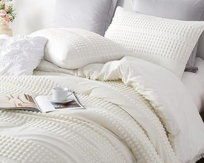 Cupocupa King Size Comforter Set, White Boho Tufted with Pom-Pom Trim, Soft Jacquard, Lightweight, 3-Piece Set, All-Season