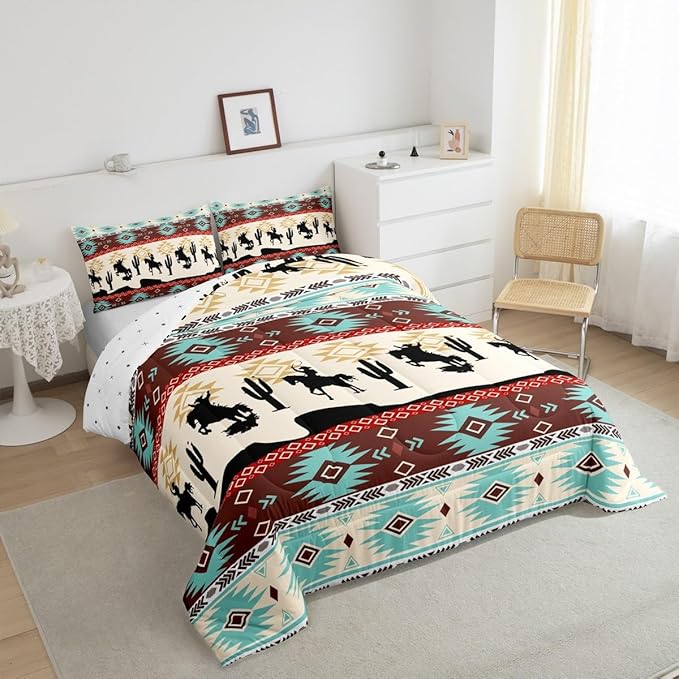 Feelyou Boho Comforter Set Twin Size Horses Comforter Southwestern Native Aztec Bedding Set Farmhouse Wildlife Duvet Set Room Decor Beige Blue Quilt Set