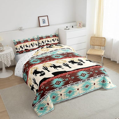 Feelyou Boho Comforter Set Full Size Horses Comforter Southwestern Native Aztec Bedding Set Farmhouse Wildlife Duvet Set Room Decor Beige Blue Quilt Set