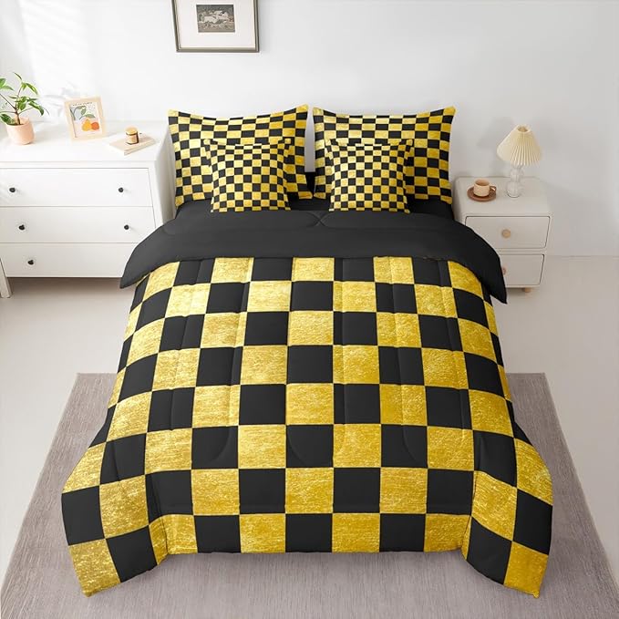 Checkered Retro Comforter Set with Sheets 7 Piece Full Size Golden Black Plaid Bed in a Bag Kids Boys Girls Geometric Vintage Bedding Set Modern Simple Groovy Aesthetic Bedroom Decor Breathable Soft