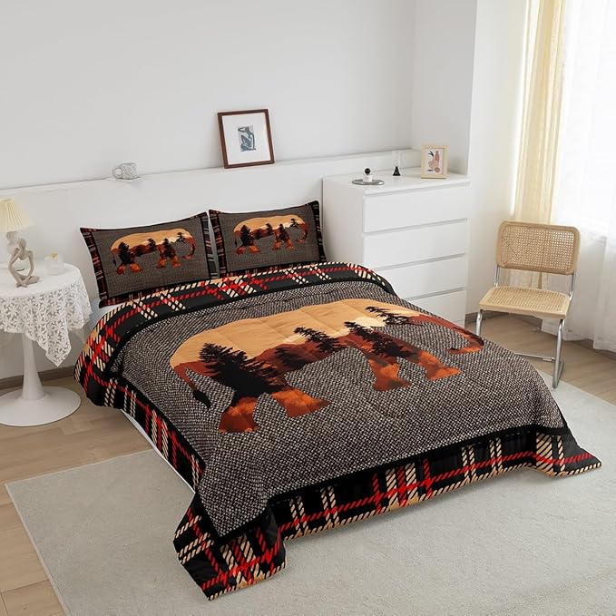 Erosebridal Elephant Comforter Set Queen,Country Western Farmhouse Bedding Set for Teens Kids Boys Girls, Nature Wild Animals Bedding Comforter Sets,Orange Grey Plaid Checkered Down Comforter,3Pcs
